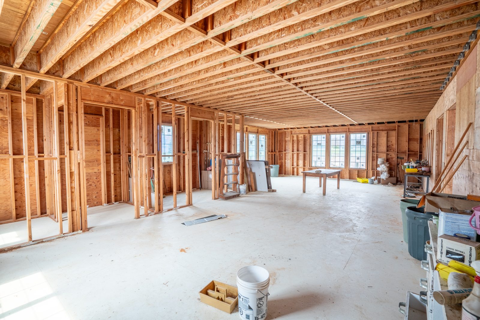 The kitchen space as it stands today — framed construction