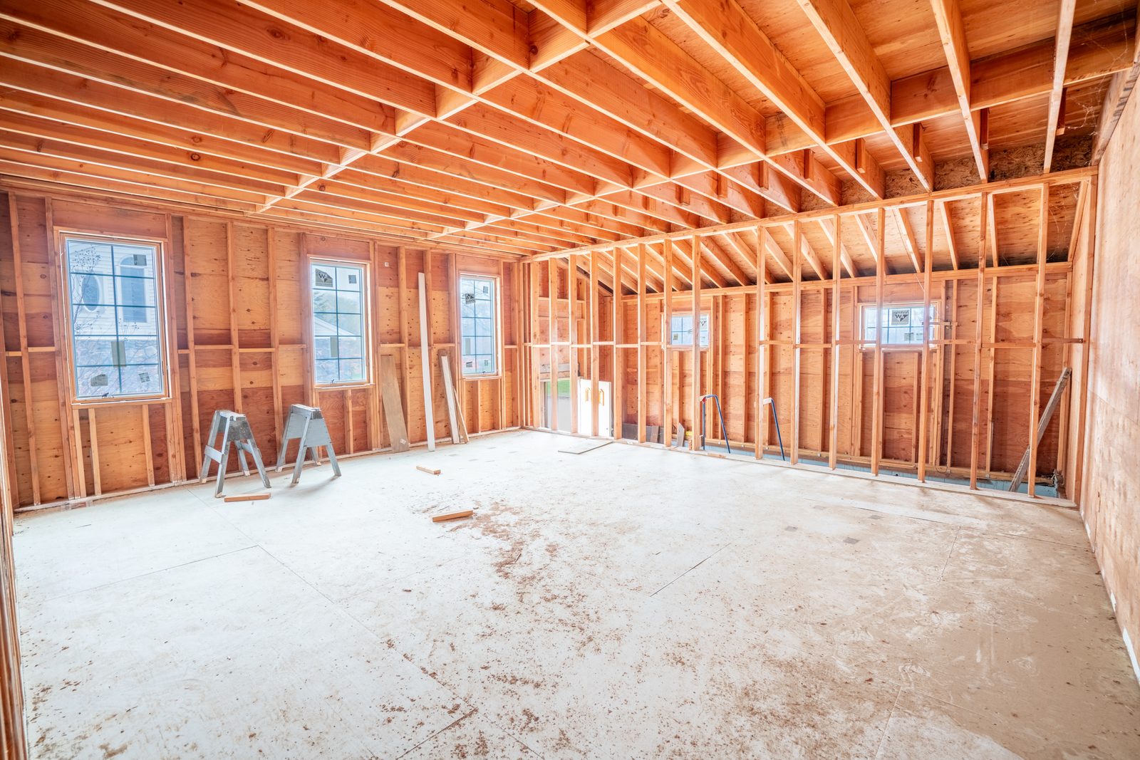 The office space as it stands today — framed construction