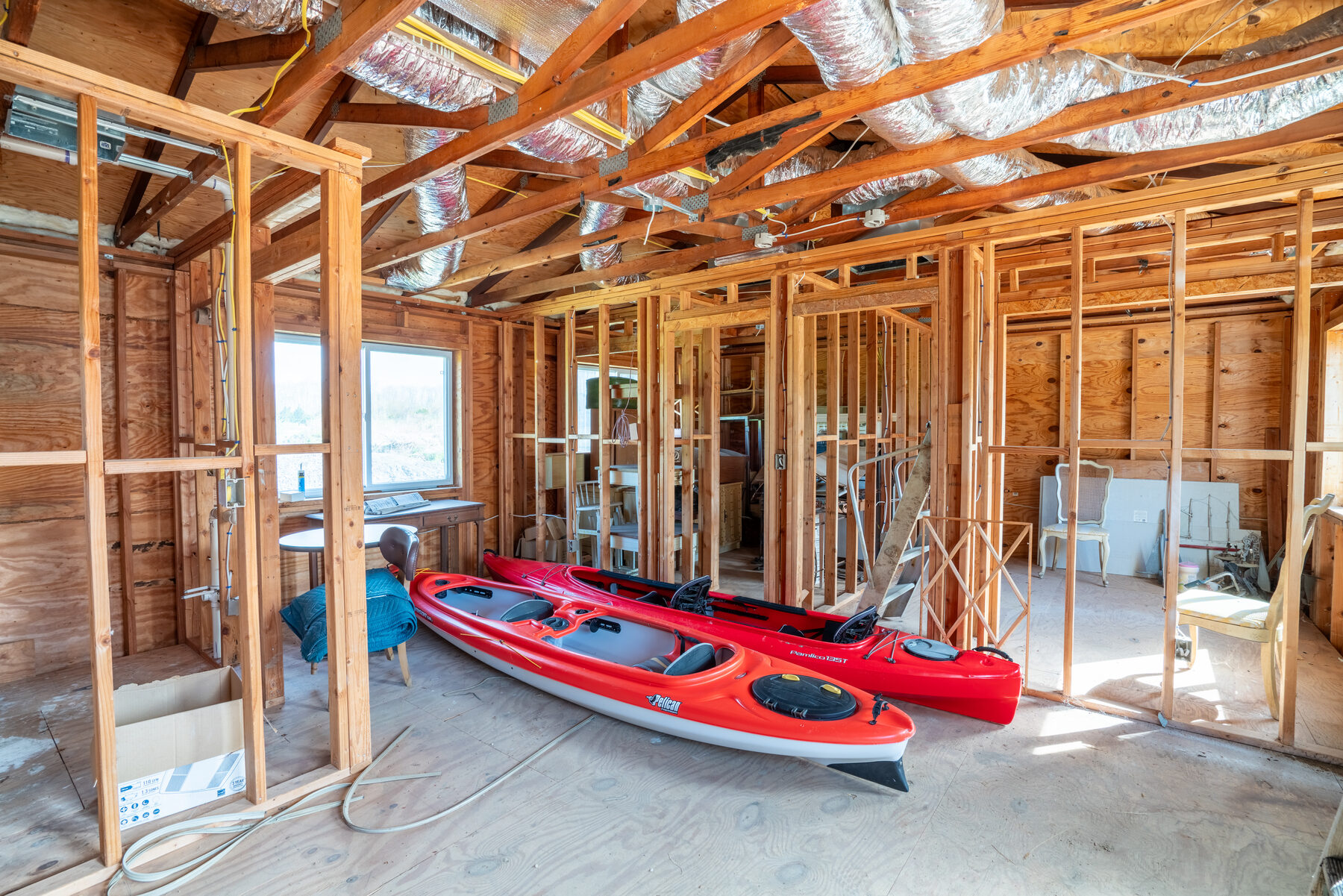 Storage shed interior with framing