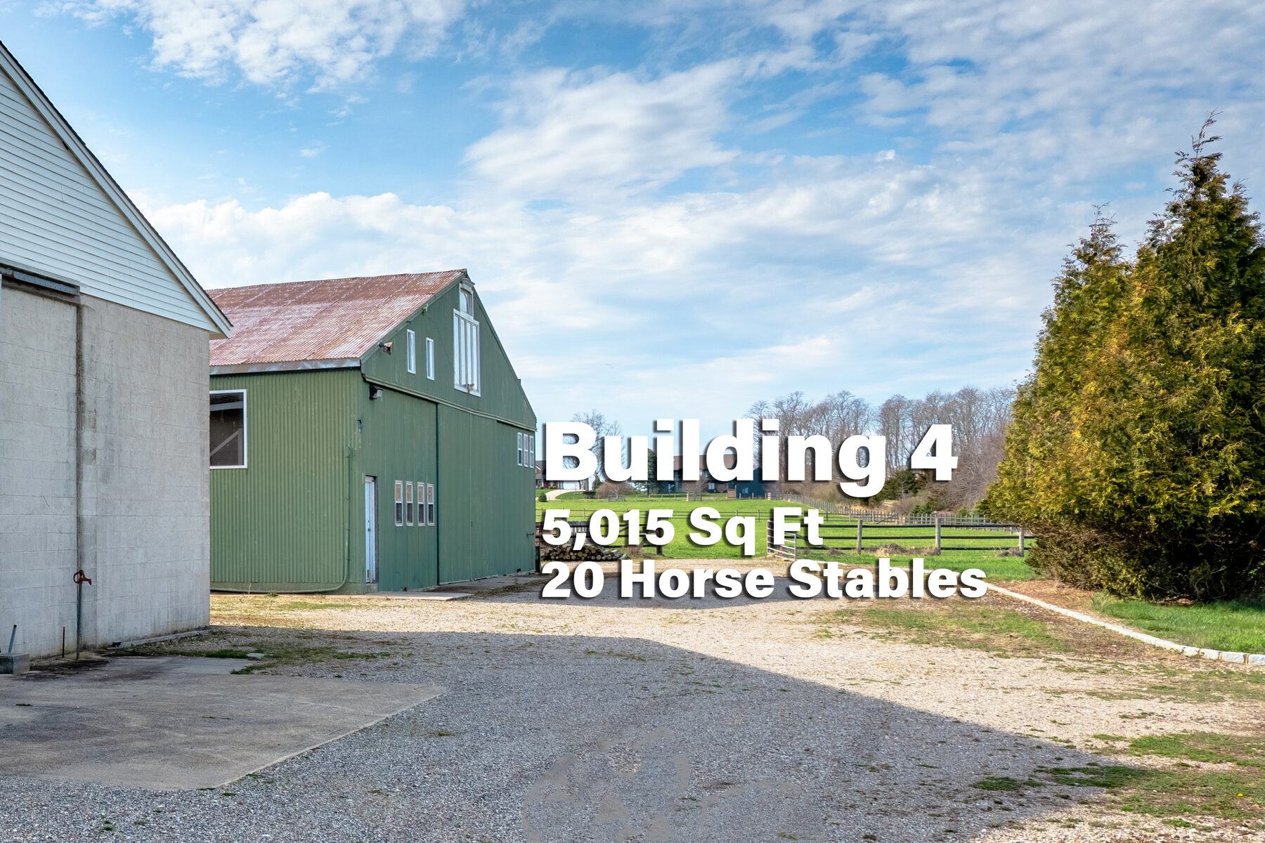 Building 4 exterior, labeled 5,015 sq ft 20-stall horse stable