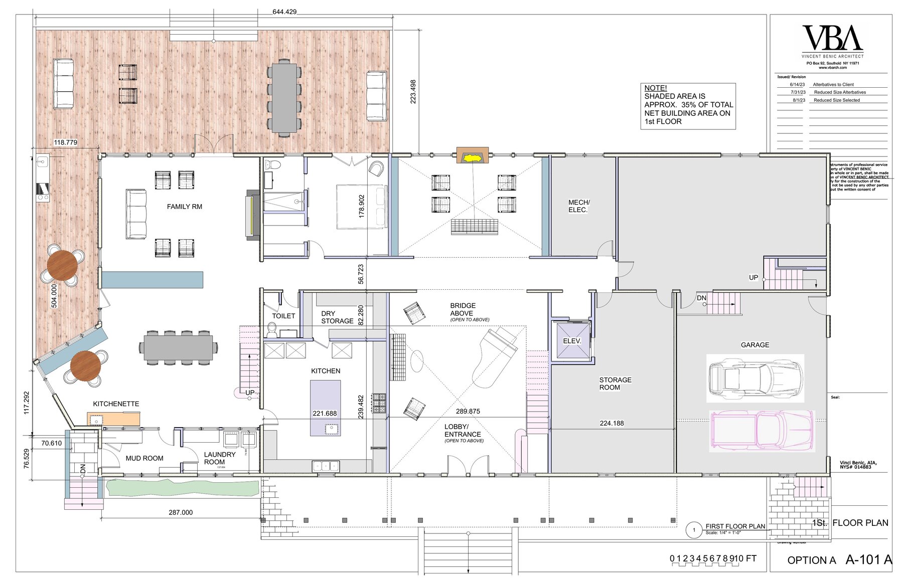 First floor plan: great room, kitchen, garage, mud room, mechanical, storage